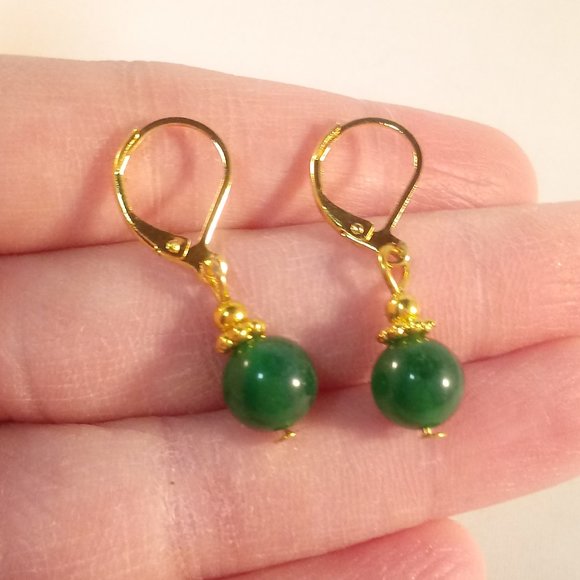 Natural Green Jade Gemstone Bead Dangle Earrings AAA Yellow Gold Gorgeous Gift - Picture 3 of 3